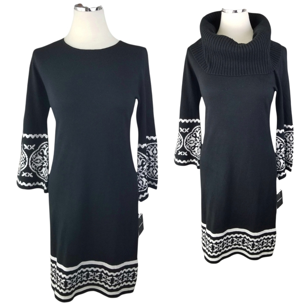 R&K Black Knit Sweater Dress Small White Boho Medallion Border Cowl Neck Mod Mid